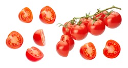 Cherry Tomatoes. Pieces Of Tomatoes Are Cut In Half And Whole Vegetables On A Branch. Isolated On A White Background.