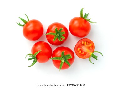 Cherry Tomatoes With Slice Top View Isolated On White Background , Flat Lay.