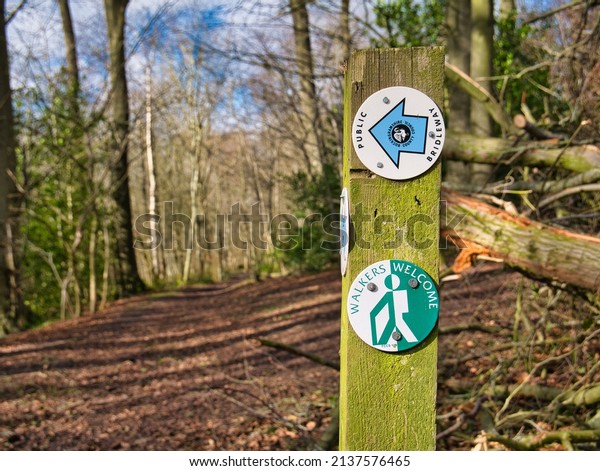 Chesham, UK - Mar 12 2022: Circular signs on a\
weathered wooden post mark the way of a bridle path with walkers\
welcome. Taken on a sunny day in winter in Chesham,\
Buckinghamshire, England,\
UK.