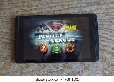 CHESHIRE, ENGLAND - OCTOBER 15, 2016: Justice League on screen of an NVidia Shield Android Tablet