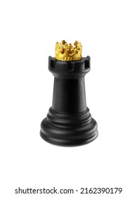 Chess Black Rook With A Crown Isolated On White Background.
