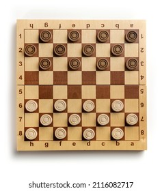 Chess Board With Checkers Isolated On White Background, Shot From Above.