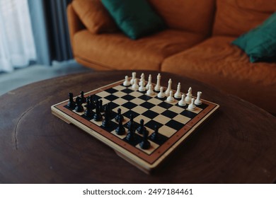 Chess board on table in front of living room couch in cozy home interior - Powered by Shutterstock