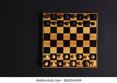 Chess Board With The Pieces Arranged Ready To Start The Game. Aerial View.