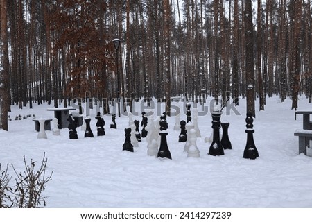 Chess board in winter forest park. Big figures of chess on the snow.