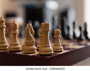 Chess Board With Wooden Chess Pieces Perspective Set Pieces. Chess Game Ready To Start. Pieces In Position. Bokeh Shot Of Chess Pieces In Position And Ready To Start The Match.