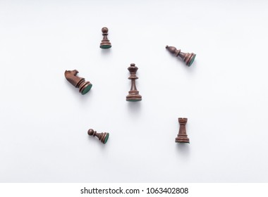 Chess Game Figures On White Background , Top View, Flat Lay