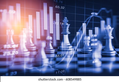 Chess Game On Chess Board Behind Forex Chart Indicators Or Stock Market Graph In Abstract Background. Business Concept To Present Financial Information And Digital Marketing Strategy Analysis.
