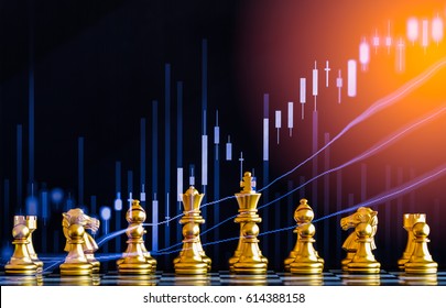 Chess Game On Chess Board Behind Forex Chart Indicators Or Stock Market Graph In Abstract Background. Business Concept To Present Financial Information And Digital Marketing Strategy Analysis.