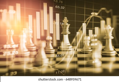 Chess Game On Chess Board Behind Forex Chart Indicators Or Stock Market Graph In Abstract Background. Business Concept To Present Financial Information And Digital Marketing Strategy Analysis.