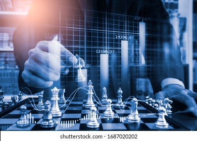 Chess Game On Chess Board On Stock Market Or Forex Trading Graph Chart For Financial Investment Concept. Economy Trends For Digital Business Marketing Strategy Analysis. Abstract Finance Background.