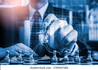 Chess Game On Chess Board On Stock Market Or Forex Trading Graph Chart For Financial Investment Concept. Economy Trends For Digital Business Marketing Strategy Analysis. Abstract Finance Background.