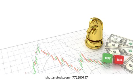 Chess horse buy or sell on top candlestick graph stock market gold stock exchange graph and financial investor money background investment and money chart indicator copy space minimal concept