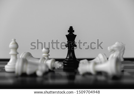 Chess King stand as last winner, victory over the enemies. The winner in business competition. Competitiveness and strategy.