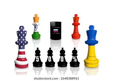 Chess made from flags of India, China, Ukraine and US. USA sanctions for Russian war and aggression in Ukraine
