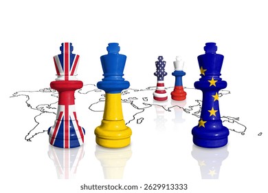 Chess made from flags of Ukraine, UK, EU, US and Russia