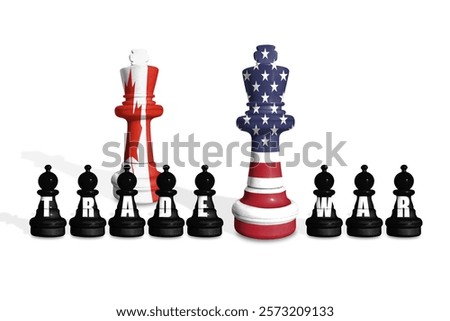 Chess made from US and Canada flags on a white background with word TRADE WAR. Trade, tariffs, duty and customs war