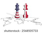 Chess made from USA and Denmark flags on a world map