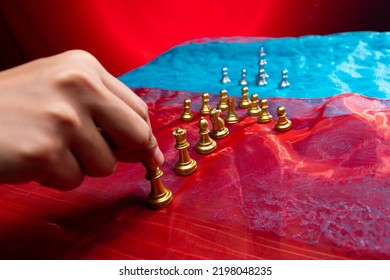 Chess On Red Blue Fabric As Abstract Of USA, China, Taiwan Crisis Map. Military Move Force Sanction To Stop Trade Chip Technology On Taiwan. Invasion Threat Is Game Tension International. Copy Space