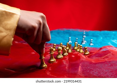 Chess On Red Blue Fabric As Abstract Of USA, China, Taiwan Crisis Map. Military Move Force Sanction To Stop Trade Chip Technology On Taiwan. Invasion Threat Is Game Tension International. Copy Space