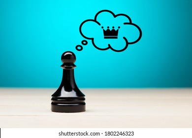 Chess pawn aspire to be a king with a crown in thought bubble. Ambition, dreams, plan, inspiration in business goals or life concept. 