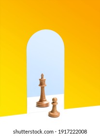 Chess Pawn In Front Of The Reflection Of The Chess Queen In The Mirror. Career Growth Concept.