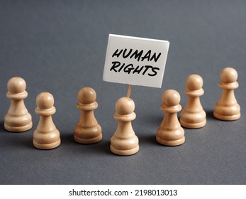 Chess Pawn Protesters Holding A Sign Banner With The Message HUMAN RIGHTS. Political Activism And Basic Democratic Human Rights Concept.