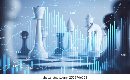 Chess pieces blended with financial data graphs, blue digital light effects, on a blurred background. Concept of strategy in finance and investment