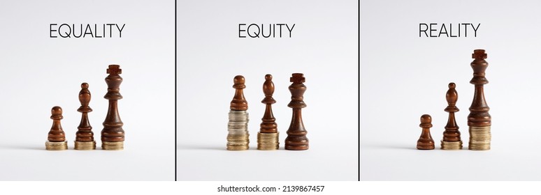 Chess pieces differences with coins showing the concepts of equality, equity and reality. - Shutterstock ID 2139867457