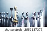 Chess pieces in focus with gold king, financial chart overlay, gradient background, concept of strategy, growth, and business