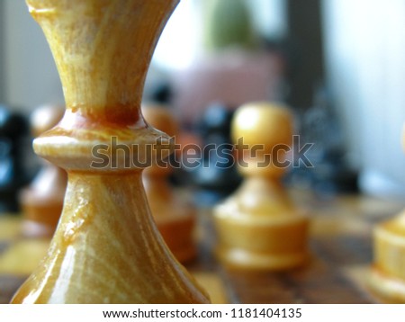 Chess pieces on the board close-up. Old wooden chess pieces