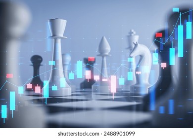 Chess pieces on a board with transparent financial graphs overlay, depicting strategic investment concept in a photorealistic style against a blurred blue background - Powered by Shutterstock - Get 15% off with code: PIKWIZARD15