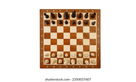Chess pieces on a chessboard top view. The beginning of the game of chess, isolated on white background - Powered by Shutterstock