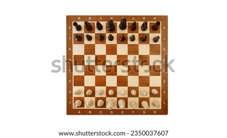 Chess pieces on a chessboard top view. The beginning of the game of chess, isolated on white background