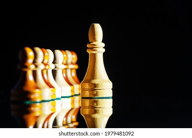 Chess Pieces On A Dark Background. Leadership, Team Management, Multinational, Inter-racial Team, Concept. Copy Space.