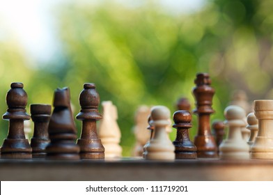 Chess Pieces On A Table In The Park