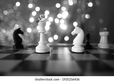 Chess Pieces, Queen In Crown White And Black On A Chessboard, Concept Of Leadership And Teamwork In Business, Duel, Opposition Of Light And Dark Forces, Sports Game