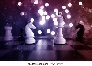 Chess Pieces, Queen, Horse, King, White And Black On A Chessboard, Concept Of Leadership And Teamwork In Business, Duel, Opposition Of Light And Dark Forces, Sports Game