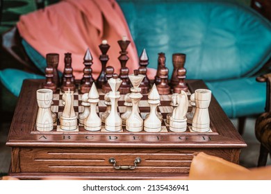 Chess Pieces Standing In Row On Chessboard, Beginning Of Game. Game Home Night, Family Board Games Concept