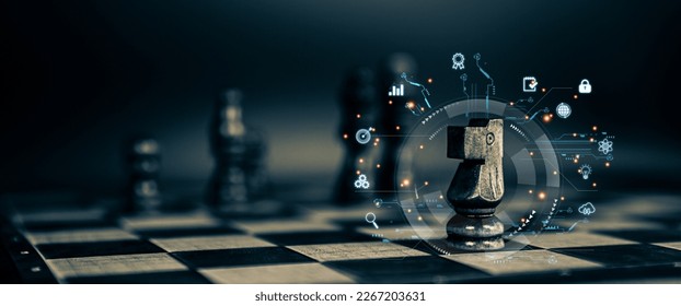 Chess pieces and teamwork with graphic icons concepts of leadership or wining to challenge or battle fighting of business team player and strategy and risk management or human resource.