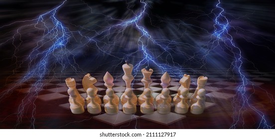 Chess pieces of white suit in a row  on an endless board with lightning bolts over the chessboard. Game strategy, concept. 
