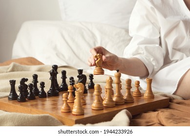 Chess Player Woman Learns Chess Opening By Playing With Himself. White Horse One Step Forward. Chess Wooden Board With Chess Pieces On Light Background. Strategy Board Game Played. Closeup