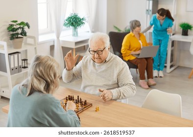 Chess playing fun, memory boosting game, active seniors play with friends, mentally challenging activities to help cognitive abilities, social contact in recreational club, retirement house amuse