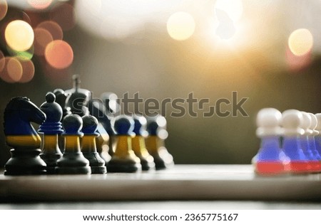 Chess, Ukraine and Russia flag for war, strategy or overlay for combat, battle or fight with bokeh. Global conflict, military games and international warzone for freedom, mockup space or human rights Zdjęcia stock © 