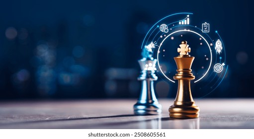 A chessboard, adorned with strategic icons, symbolizes the planning, execution, decision-making, leadership, teamwork and resource allocation in achieving business objectives - Powered by Shutterstock