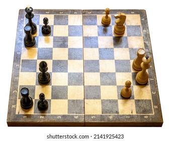 Chessboard With Chess Pieces And Copy Space Isolated On White Background, View From Above Of Chess Board During Game. Concept Of Chess Strategy, Draw, Passive Play, Unfair And Chess Competition.