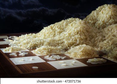 chessboard with growing heaps of rice grains, legend metaphor of exponential function and unlimited growth, dark sky with copy space, selected focus, narrow depth of field