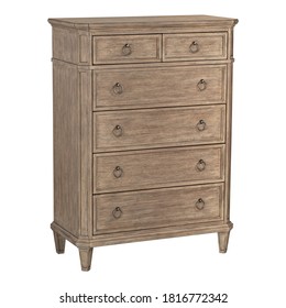 Chest Of Drawer Table Isolated On White Background. Wooden Six Doors Bedroom 6 Drawer Chest 2 Top Smaller & 4 Lower Larger Drawers & Stained Nickel Ring Drawer Pulls. Wood Dresser. Bureau & Cabinet