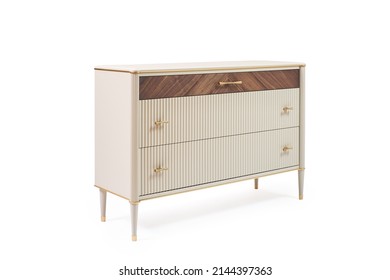 Chest Of Drawers With Veneer And Painted Wood Trim In A Modern Classic Style On A White Background