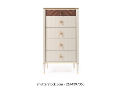 Chest Of Drawers With Veneer And Painted Wood Trim In A Modern Classic Style On A White Background